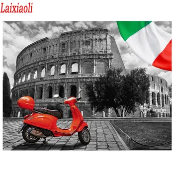 5D DİY Elmas Boyama İtalyan Bayrağı Tam Kare Elmas Nakış Taklidi Resim Yuvarlak Matkap siyah beyaz kırmızı şehir manzarası