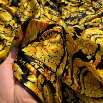 DIY streç saten kumaş Yeni ürün Avrupa ve Amerikan tarzı baskılı kumaş Barok altın çiçek dijital baskı el yapımı