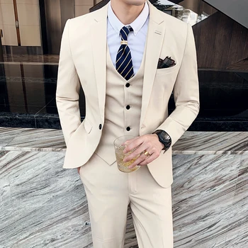 2023 Moda Yeni erkek Eğlence Butik İş Düz Renk İnce Düğün Takım Elbise / Ekose Çizgili 3 Adet Blazers Ceket Pantolon Yelek