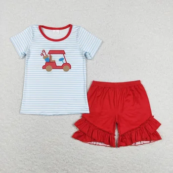 Toptan Bebek Kız Nakış Seti Çocuk Yaz Çizgili Kısa Kollu Gömlek Toddler Kırmızı Fırfır Şort Giyim Çocuk Kıyafeti