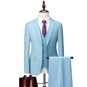 3 Parça Erkek Takım Elbise Düğün Damat Slim Fit Gökyüzü Mavi Terno Masculino Custom Made Casual İş Blazer Setleri Zarif En İyi Adam
