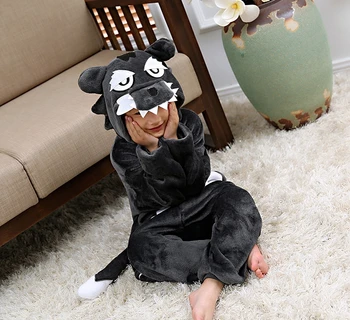 Çocuk Kigurumi Hayvan Kurt Onesies Cosplay Kostüm Tulum Erkek Kız Pijama Kış Pijama Cadılar Bayramı Romper Parti Elbise