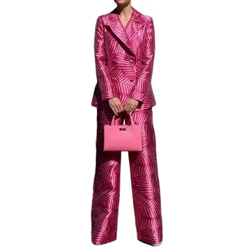 Ofis Bayan Uzun Kollu Yaka Yaka Düğmesi Ceket Düz Pantolon Takım Elbise Y2K Kıyafetler Bahar Sonbahar Kadın Blazer Pantolon İki Parçalı Set