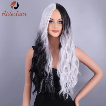 Uzun Dalgalı Ombre Siyah Beyaz sentetik peruk Kadınlar için İsıya Dayanıklı Doğal Orta Kısmı Cosplay Parti Lolita Günlük Saç Peruk
