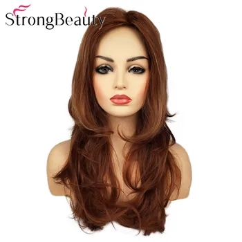 StrongBeauty Uzun Düz Peruk Turuncu / Kahverengi Saç kadın Sentetik Peruk Katmanlı Kesim Saç Orta Ayrılık Doğal Peruk