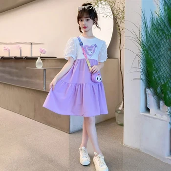 Kawaii Sanrio Kuromi Kız Moda Elbise Bahar Yaz Ekip Boyun Karikatür Tatlı Kısa Kollu Prenses Elbise çocuk giyim