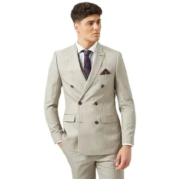 Klasik erkek Tepe Yaka Çizgili Takım Elbise Özel Yapılmış Kruvaze Damat düğün kıyafeti 2 Parça Slim Fit Seti (Ceket + Pantolon)