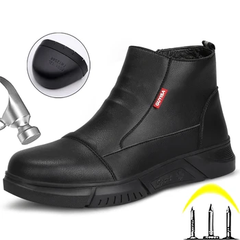Su geçirmez iş çizmeleri Güvenlik Çelik Burunlu Ayakkabı Erkekler Siyah Deri Çizmeler Yıkılmaz Ayakkabı Anti-smash Anti-delinme Güvenlik Ayakkabıları