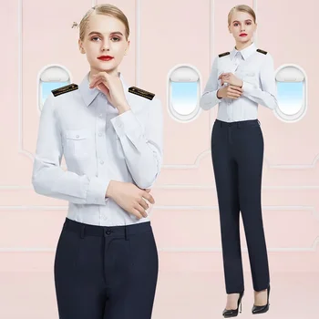 Havacılık Kadın Kaptan Pilot Üniforma Beyaz Gömlek Kolej İnce Uydurma Omuz Rozeti Uçuş Görevlisi Uzun Kollu İş Gömlek