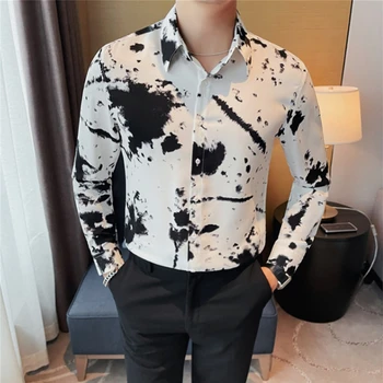 2023 Sanat Baskılı Uzun Kollu Gömlek Erkekler için Moda Yakışıklı Slim Fit Casual Gömlek İş Resmi Elbise Gömlek Erkek Giyim