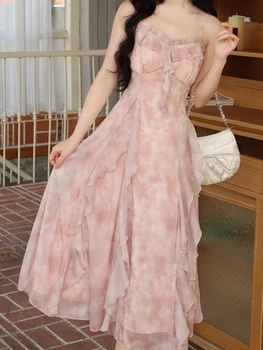 Pembe Baskı Fransız kemerli elbise Kadın Şifon Zarif Akşam Parti Midi Elbise Kadın Fırfır Kore tatlı peri elbisesi Yaz 2023