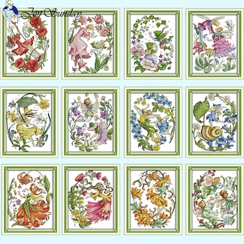 12 Ay Çiçek Peri Serisi Sevinç Pazar Karikatür Çapraz Dikiş Kitleri 14CT 11CT 16CT Tuval Kumaş Nakış DIY Çocuk Odası Dekor