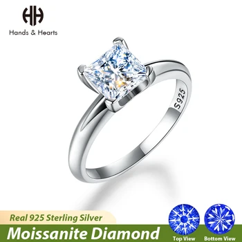 H & H 1CT Prenses kesim moissanit Elmas Gerçek 925 Ayar Gümüş Ayarlanabilir Yüzükler Kadınlar için Düğün Nişan Güzel Takı