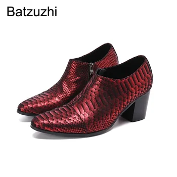 Batzuzhi 7.5 cm Yüksek Topuk erkek ayakkabıları Sivri Burun Balık Desen Deri yarım çizmeler Erkekler Zip Kırmızı Parti ve Düğün Ayakkabı Erkek