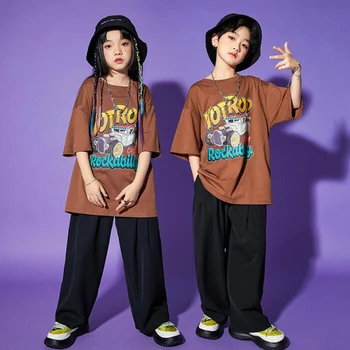 Çocuklar Gösterisi Kıyafetler Hip Hop Giyim Boy Gömlek Üstleri Streetwear dökümlü pantolon Kız Erkek Caz Dans Kostümleri Rave Giyim