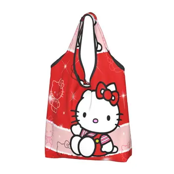 Kawaii Sanrio HelloKitty Karikatür alışveriş çantası Dayanıklı Büyük Kullanımlık Geri Dönüşüm Katlanabilir Ağır Alışveriş Eko Çanta Yıkanabilir