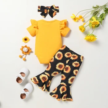 Yenidoğan Bebek Kız Kıyafetler Bebek Bebek Fırfır Ayçiçeği Romper Babysuit Pantolon Kafa Bandı 3 ADET Yaz Giyim setleri