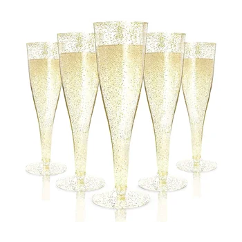 Plastik şampanya flüt kadehler, şarap bardakları Altın Glitter şampanya bardakları Yeniden Kullanılabilir Saplı Parti şarap bardakları Partiler için
