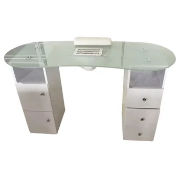 Fanlı ve çekmeceli kavisli cam manikür masası ürün dayanıklı ve güvenilir tırnak masasıdır