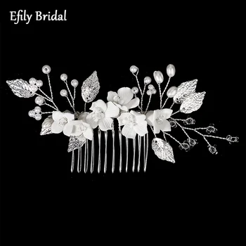Efily El Yapımı Beyaz Çiçek Gelin Saç Tarak Seramik Inci Düğün saç aksesuarları Kadın Başlığı Takı Nedime Hediye