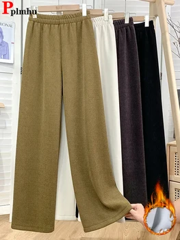 Sıcak Kış Kalınlaşmak Kadife Geniş Bacak Pantolon Kore Peluş Kalın Elastik Yüksek Bel Katı Pantalone Kadın Kar Giyim Spodnie Yeni
