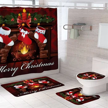 4 adet Duş perde seti Tuvalet Kapağı Mat kaymaz Halı Merry Christmas Şömine Çorap Mutlu Yeni Yıl Banyo Süslemeleri