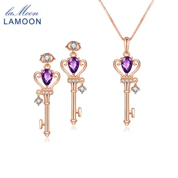 LAMOON 100 %925 Ayar Gümüş Takı 2 adet Setleri Kadınlar Için Doğal Taş Ametist Vintage Anahtar Güzel Takı Bijoux V010-7