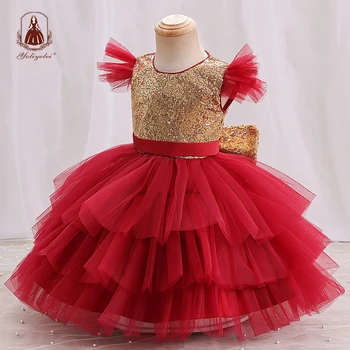 Yoliyolei Parlayan Altın Çocuk Giysileri Kız Kek Tasarım Sevimli Yay Yeni Elbiseler Çocuk Yürümeye Başlayan Bebek Kostüm Kızlar İçin 2023