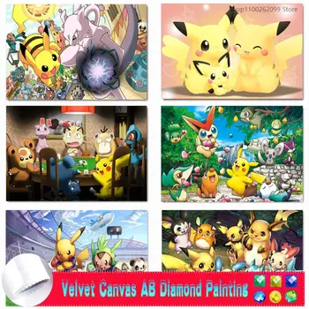 5D DIY AB Kadife Tuval Elmas Boyama Pokemon Karikatür Sincap Pikachu Tam Kare / Yuvarlak Elmas Nakış Ev Dekor