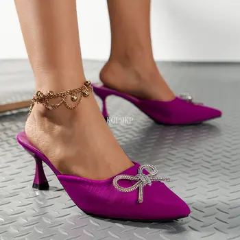 2023 Taklidi Kelebek düğüm Sandalet İnce topuklu sandalet Kadın Sivri Burun Kristal Peri Rüzgar Yüksek Topuklu Sandalias 35-43