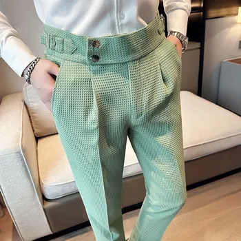 İngiliz Tarzı İlkbahar Yaz Waffle Takım Elbise Pantolon Erkek Giyim İçin 2023 İş resmi giysi Slim Fit Casual Ofis Pantolon Satış