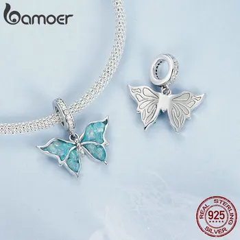 Bamoer 925 Ayar Gümüş Mavi Köpüklü Kelebek Boncuk Charm Kolye Bilezik Kolye Kadınlar İçin Güzel Takı Kız için