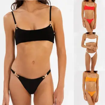 2 Adet/takım Bölünmüş Bikini Yastıklı Nefes 4 Renk Ayarlanabilir Saf Renk yüzme giysisi seti Su Aktivitesi için