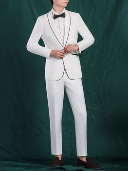 Beyaz Takım Elbise Blazer Pantolon Erkek Takım Elbise Seti Tek Göğüslü Bir Düğme Düğün Damat Giyim Artı Boyutu 44 İla 54 İş Adamı Blazers Pantolon