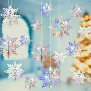 6 Paket Noel Asılı Kar Taneleri Süslemeleri 3D Yanardöner Kağıt Kar Taneleri Gökkuşağı Kar Taneleri