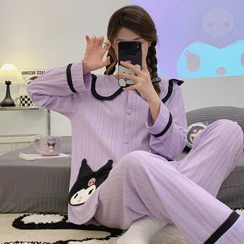 Pijama kadın Jakarlı Karikatür Yaka Hırka Kore Versiyonu Uzun Kollu Tatlı Ev Kıyafet Seti