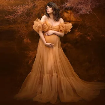 Özel Yapılmış Altın hamile fotoğrafçılığı Elbiseler Kapalı Omuz Sheer Tül hamile elbisesi Photoshoot için Hamile Kadınlar Önlük