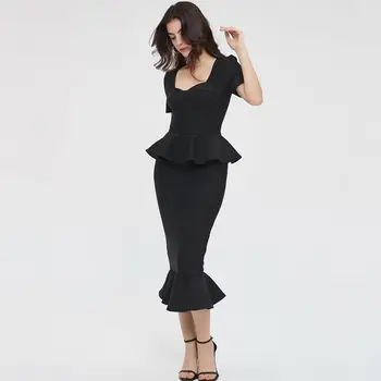 Yeni Gelenler Kadınlar Siyah Renk Kısa Kollu Fırfır Bandaj Kılıf Elbise Elegance Diz Boyu Akşam Parti Elbise