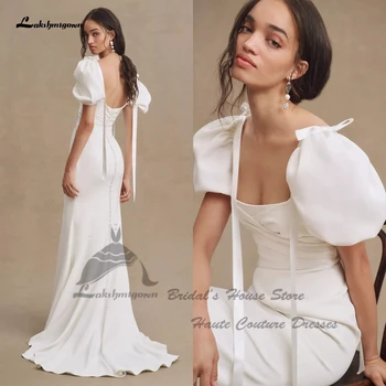 Lakshmigown Mütevazı Kadın Krep Mermaid düğün elbisesi 2024 Vestidos De Noivas Basit Plaj gelinlikler Kabarık Kısa Kollu