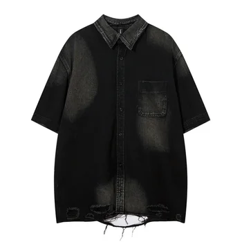 Siyah Hip Hop Vintage Kot Gömlek Erkekler Harakuju Yırtık Yıkanmış Streetwear Düğme Bluz Kısa Kollu