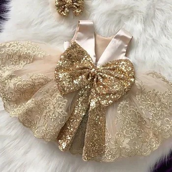 Yaz Sequins Bow Bebek Kız Elbise Altın 1st Ilk Doğum Günü Prenses Düğün Çocuklar Parti Elbiseler Kız Nedime gece elbisesi