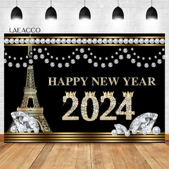Laeacco Köpüklü Elmas Altın Romantik Eyfel Kulesi 2024 Yeni Yıl Arka Plan Yetişkinler Portre Özelleştirilmiş Fotoğraf Backdrop