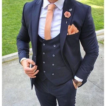 Yeni Yüksek Kaliteli Lacivert Takım Elbise Erkekler Damat Smokin Tepe Yaka En Iyi Erkek Kostüm Homme Düğün Takım Elbise 3 Parça Blazer + Pantolon + Yelek