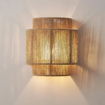 El dokuması kenevir halat led duvar lambaları yatak odası başucu ışıkları yemek odası koridor lamba iç mekan aydınlatması fikstür ev Dekorasyonu