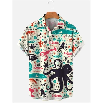 Denizanası Ahtapot Yengeç Gömlek Erkekler İçin 3d Baskı Yaz Gevşek Hawaii Plaj Üstleri Rahat Kısa Kollu Yaka Bluz Streetwear