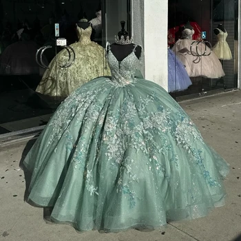 Açık Yeşil Parlak Quinceanera Elbise Balo Kapalı Omuz Aplike Dantel Boncuk Korse Pageant Tatlı 16 Parti Vestidos De XV