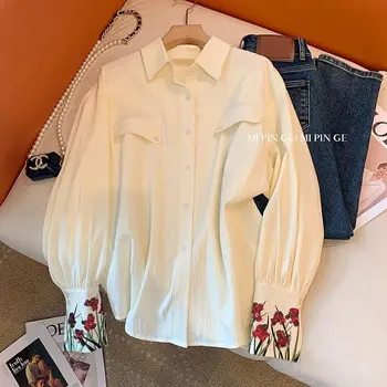 Bahar Yeni Nakış Düz Renk Bluz Uzun Kollu Polo Boyun Gevşek Tüm Maç Üst Gömlek Vintage Moda Kadın Giyim