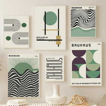 Bauhaus Soyut Poster Yeşil Renk Blok Hatları Tuval Boyama İskandinav Modern Minimalist Odası Duvar Sanatı Resimleri Için Ev Dekor