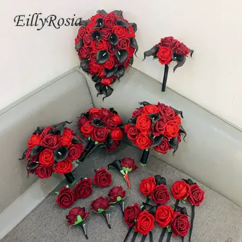 EillyRosia Siyah ve Kırmızı Bordo Düğün Çiçekleri Aksesuarları Seti Gelin Nedime Buket ve Damat Yaka