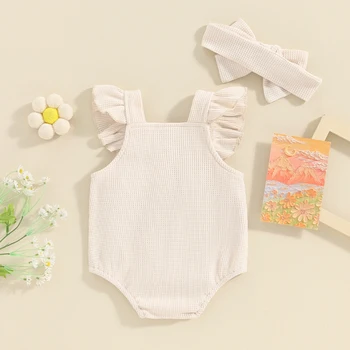 Bebek Bebek Kız Giyim Fırfır Kolsuz Romper Bodysuit Waffle Örgü çiçekli tulum Kıyafet Boho yaz giysileri